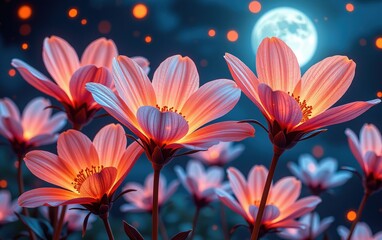 A stunning close-up of vibrant, glowing flowers in full bloom, illuminated with soft golden light. 