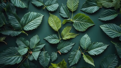Assorted green leaves arranged on a dark green background with varying textures and shapes Copy Space