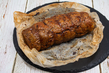 Vegan mock meat; made of wheat gluten; plant based. Steamed; roasted and sliced