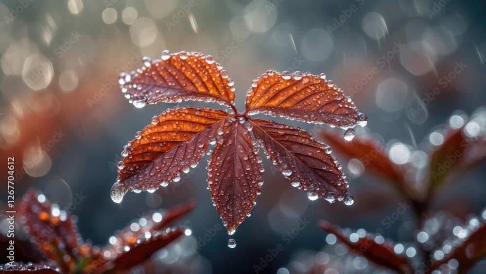 Poster close-up of wet autumn leaves with dew drops on red foliage illuminated by soft light and blurred ba
