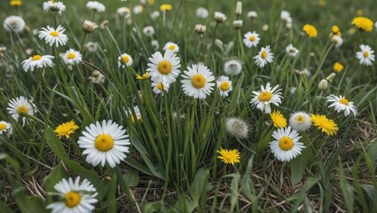 Fototapeta premium Field of white daisies and yellow dandelions blooming in lush green grass with natural light Copy Space