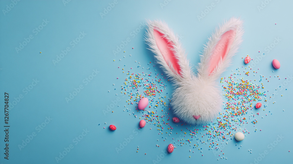 Wall mural Festive easter celebration with a fluffy bunny and colorful treats on a bright blue background