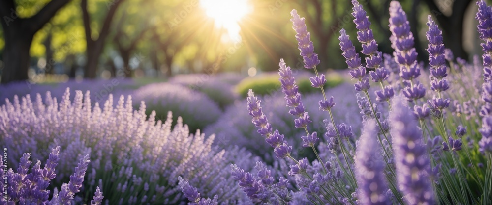 Poster lavender field in bloom with sunlight filtering through trees creating a natural landscape view with