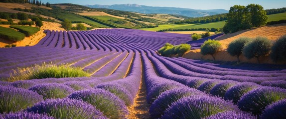 Lavender fields in full bloom with rolling hills and a clear blue sky in the background showcasing vibrant purple rows and greenery Copy Space