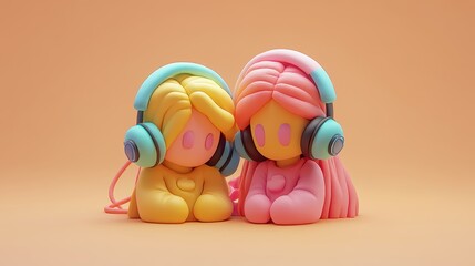 Cute girls listening music, pastel colors.