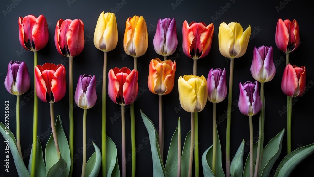 Poster colorful assorted tulips arranged in a row on a dark background with fresh green leaves and ample co
