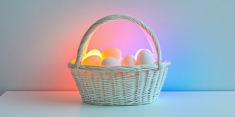 A basket filled with eggs is illuminated by a soft rainbow light, creating a vibrant and colorful backdrop that enhances the scene's charm.