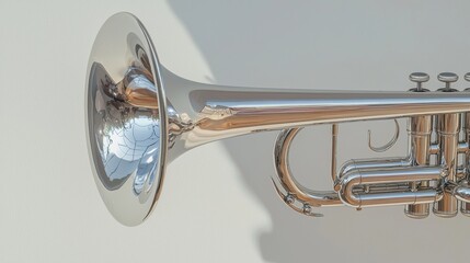 Obraz premium Close-up of a silver-colored trumpet. the trumpet has a long, curved body with a pointed tip and a bell at the end.