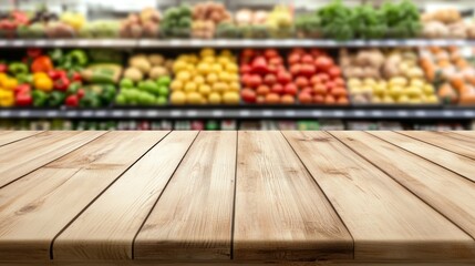 Serene wooden table in front of blurred supermarket produce area with fresh fruits and vegetables