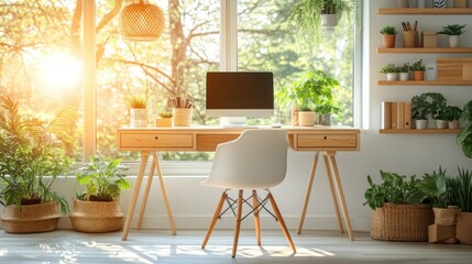 Obraz premium Sunny home office workspace with plants and wooden desk
