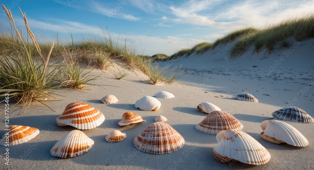 Poster seashells of various shapes and sizes arranged on sandy beach with grass dunes in background under c
