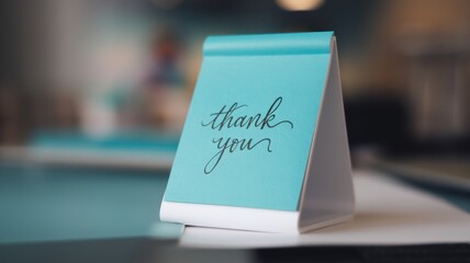 A blue thank you card stands on a white surface