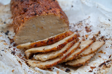 Plant based meat alternative- seitan made of vital wheat gluten.  Seasoned, air fried.