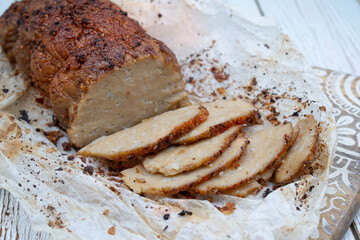Plant based meat alternative- seitan made of vital wheat gluten.  Seasoned, air fried.