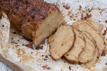 Plant based meat alternative- seitan made of vital wheat gluten.  Seasoned, air fried.
