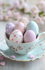Fototapeta premium Decorative pastel Easter eggs nestled in a floral teacup, capturing the joy of spring celebrations and festive traditions. Generative AI