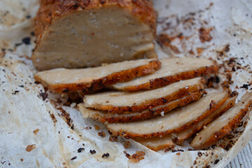 Plant based meat alternative- seitan made of vital wheat gluten.  Seasoned, air fried.