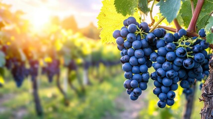 Naklejka premium Ripe red grapes on vine, vineyard sunset.