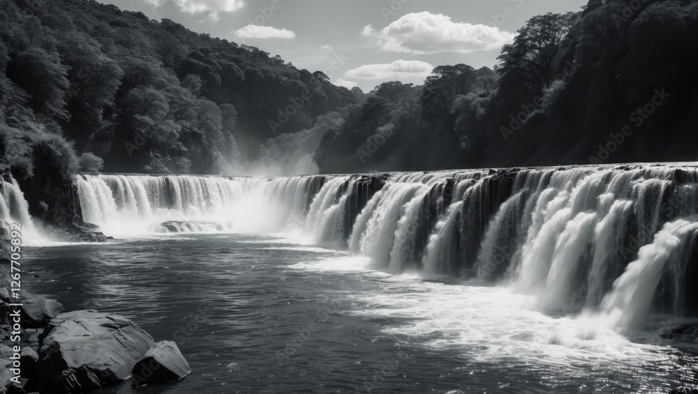 Poster monochrome waterfall cascading over rocks surrounded by lush greenery under a cloudy sky with reflec