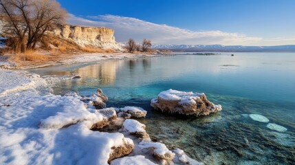 Serene winter lake, snow-covered shore.
