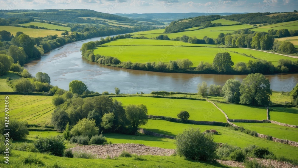 Poster aerial view of a meandering river surrounded by lush green fields and trees under a partly cloudy sk