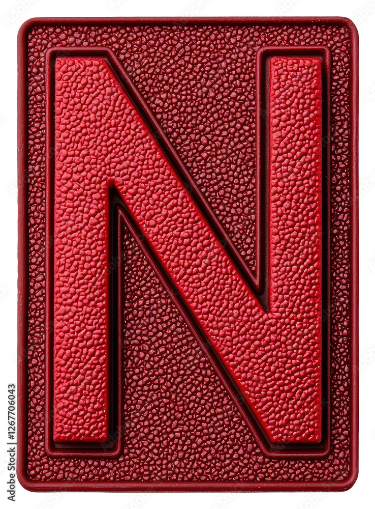 Poster isolated red textured letter n with glossy metallic design on transparent background