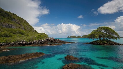 Fototapeta premium Tropical island landscape with clear turquoise water, rocky shoreline, lush green hills, and dramatic cloud formations in daytime with Copy Space