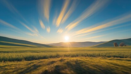 Sunrise over rolling green hills with dynamic cloud formations and vibrant blue sky landscape Nature scene with Copy Space