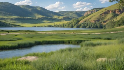 Lush green landscape with rolling hills and calm lake under blue sky with fluffy white clouds in summer season Copy Space