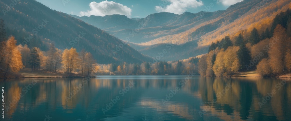 Poster autumn landscape with colorful trees and a tranquil lake surrounded by mountains under a partly clou