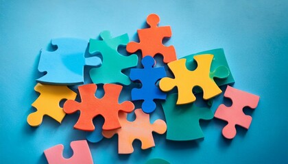 procrastination and hesitation concept colorful puzzle pieces scattered on a soft blue background