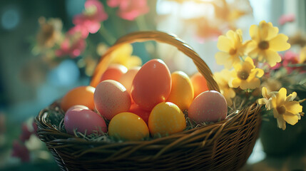Colorful Easter eggs nestled in a woven basket surrounded by spring flowers celebrating the joy of Easter Sunday