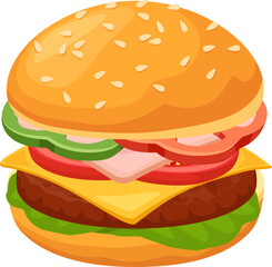 Burger presenting ingredients with sesame bun, meat, cheese, tomato, lettuce, ham and cucumber on white background, perfect for menus, websites or advertising related to food industry