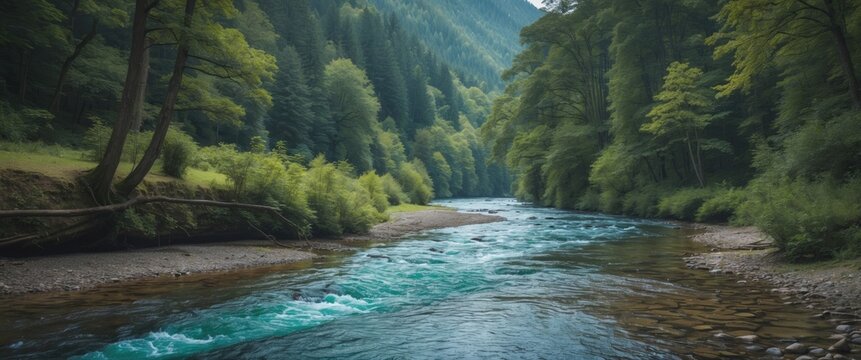 Lush green river flowing through mountainous landscape with dense trees and peaceful water reflections Copy Space - Powered by Adobe