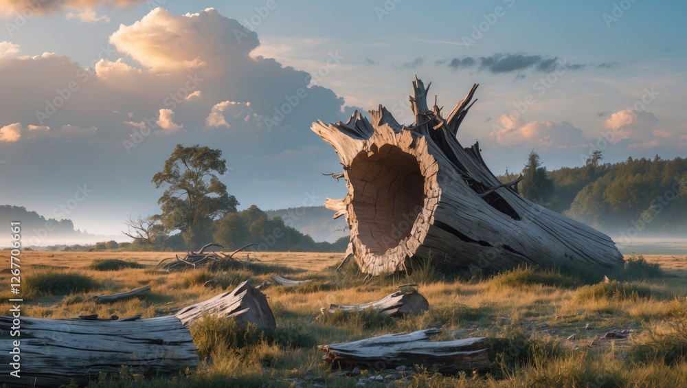 Poster decayed giant tree trunk in a serene meadow landscape with distant trees under a cloudy sky at dusk 