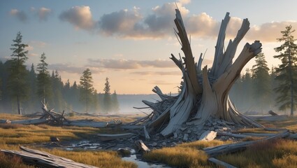 Landscape featuring a decayed tree stump in a misty forest setting with soft sunlight and scattered clouds Copy Space