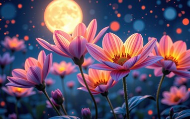 A stunning close-up of vibrant, glowing flowers in full bloom, illuminated with soft golden light. 