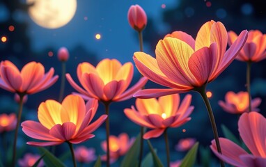 Fototapeta premium A stunning close-up of vibrant, glowing flowers in full bloom, illuminated with soft golden light. 