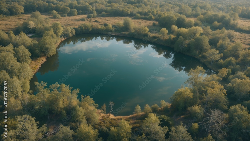Poster aerial view of tranquil circular pond surrounded by lush green trees and foliage with reflection on 