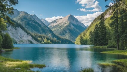 Fototapeta premium Mountain lake landscape with clear blue water surrounded by lush green trees and towering mountains under a partly cloudy sky Copy Space