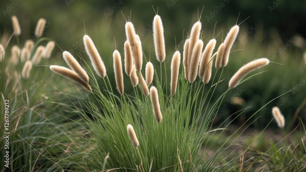 Poster fluffy grass spikes with green blades in natural setting with blurred background and soft light copy