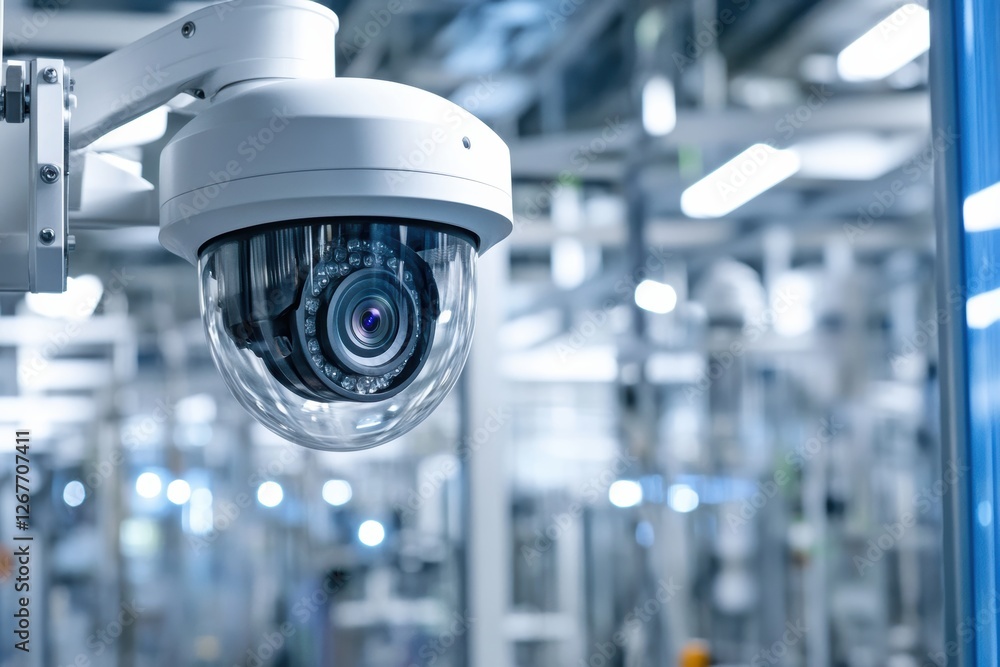 Poster installing a new security camera in a production facility for enhanced safety and monitoring