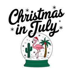 Flamingo is standing in a snow globe with a Christmas tree. Vector image of Christmas in July