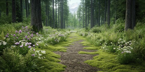 Fototapeta premium Serene woodland paths lined with wildflowers, soft moss underfoot, and gentle whispers of wind creating a tranquil atmosphere for nature lovers.