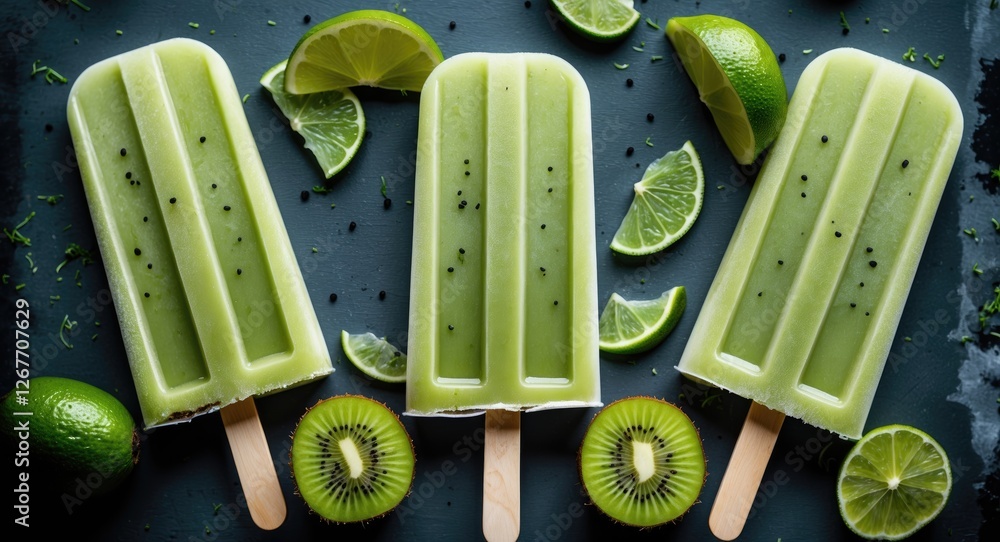 Poster green kiwi popsicles arranged on a dark surface surrounded by lime slices and kiwi fruits with copy 