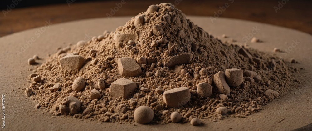 Poster powdered substance pile with varied textures and shapes on a textured surface suitable for backgroun