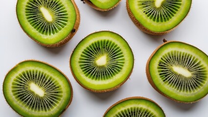 Fototapeta premium Freshly sliced kiwi fruit arranged in a scattered pattern on a white background with vibrant green flesh and seeds, Copy Space.