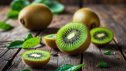 Fresh kiwi fruits sliced on rustic wooden table with green leaves and copy space for text