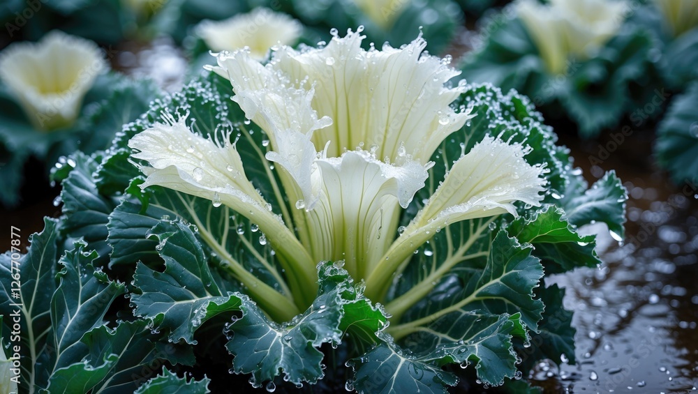 Poster close-up of a flower-like cabbage with water droplets on leaves in a garden setting with natural lig