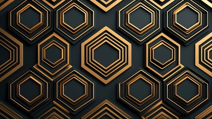 Abstract geometric background with black and gold hexagons.